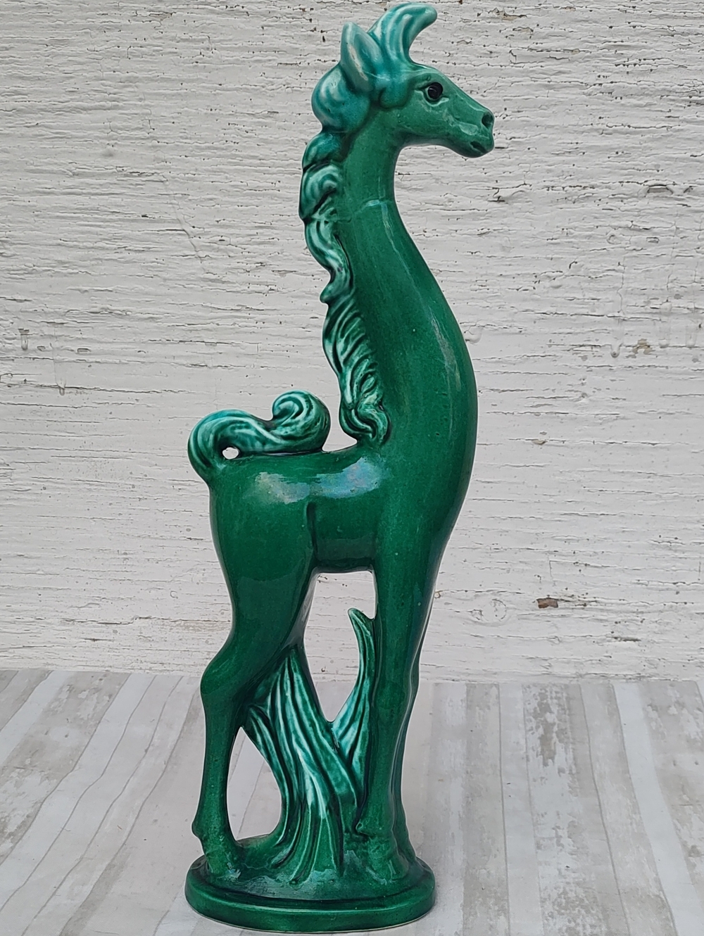 Rare Vintage Art Deco Glossy Green Ceramic Horse Sculpture MCM 13"x4"
